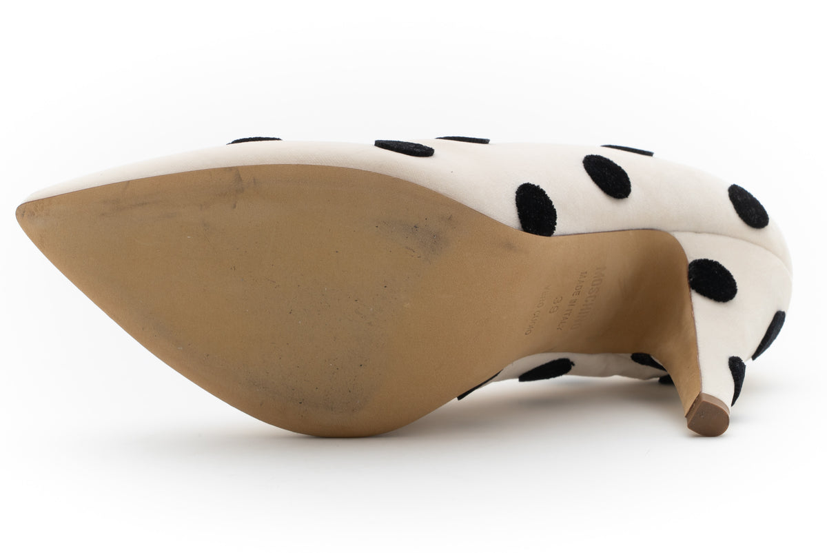 MOSCHINO COUTURE! - S2025 Ivory & Black Velvet Dot Pumps, Size-39