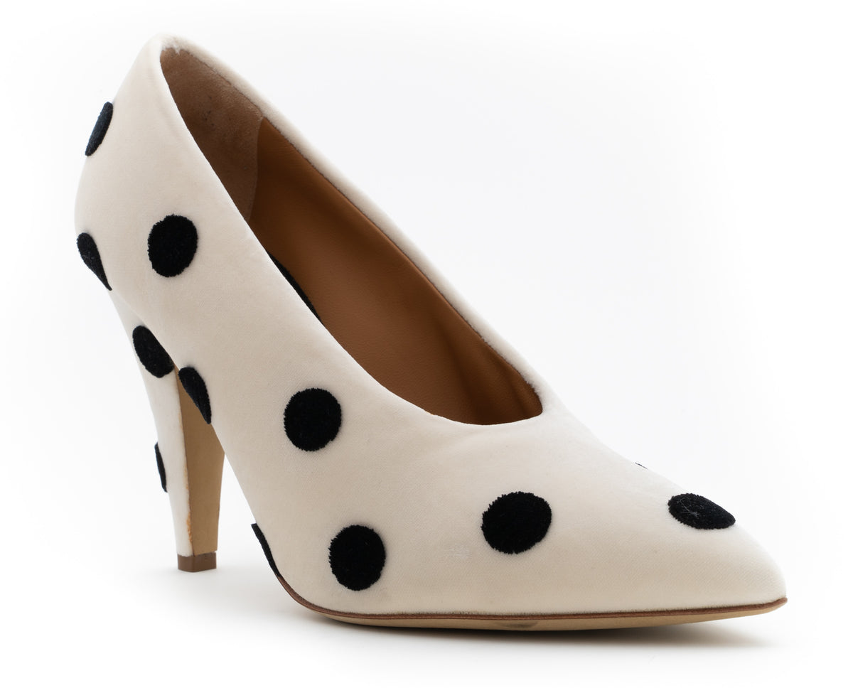 MOSCHINO COUTURE! - S2025 Ivory & Black Velvet Dot Pumps, Size-39