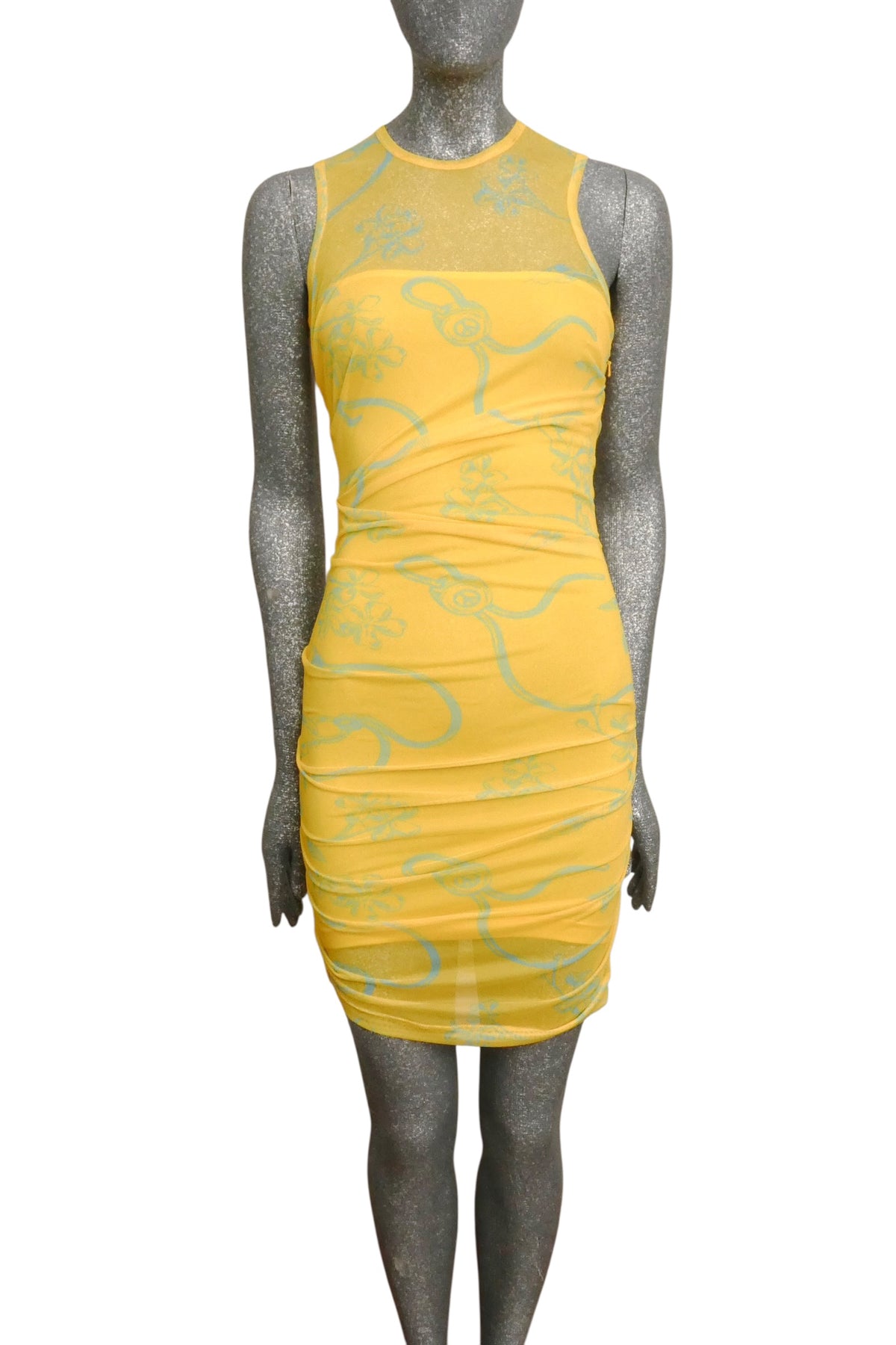 MOSCHINO JEANS - 2024 Yellow & Blue Shirred Mesh Print Dress, Size-6