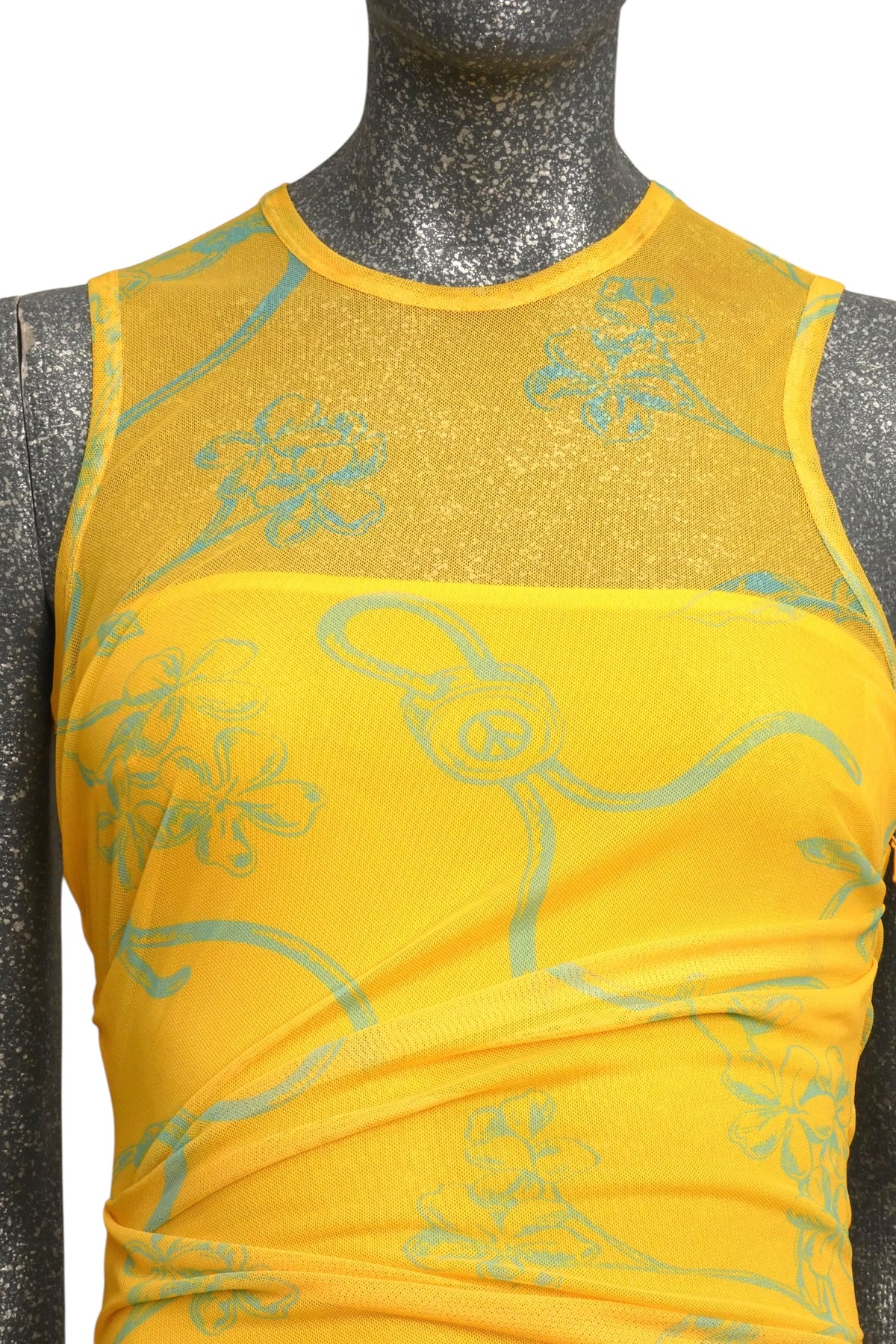 MOSCHINO JEANS - 2024 Yellow & Blue Shirred Mesh Print Dress, Size-6