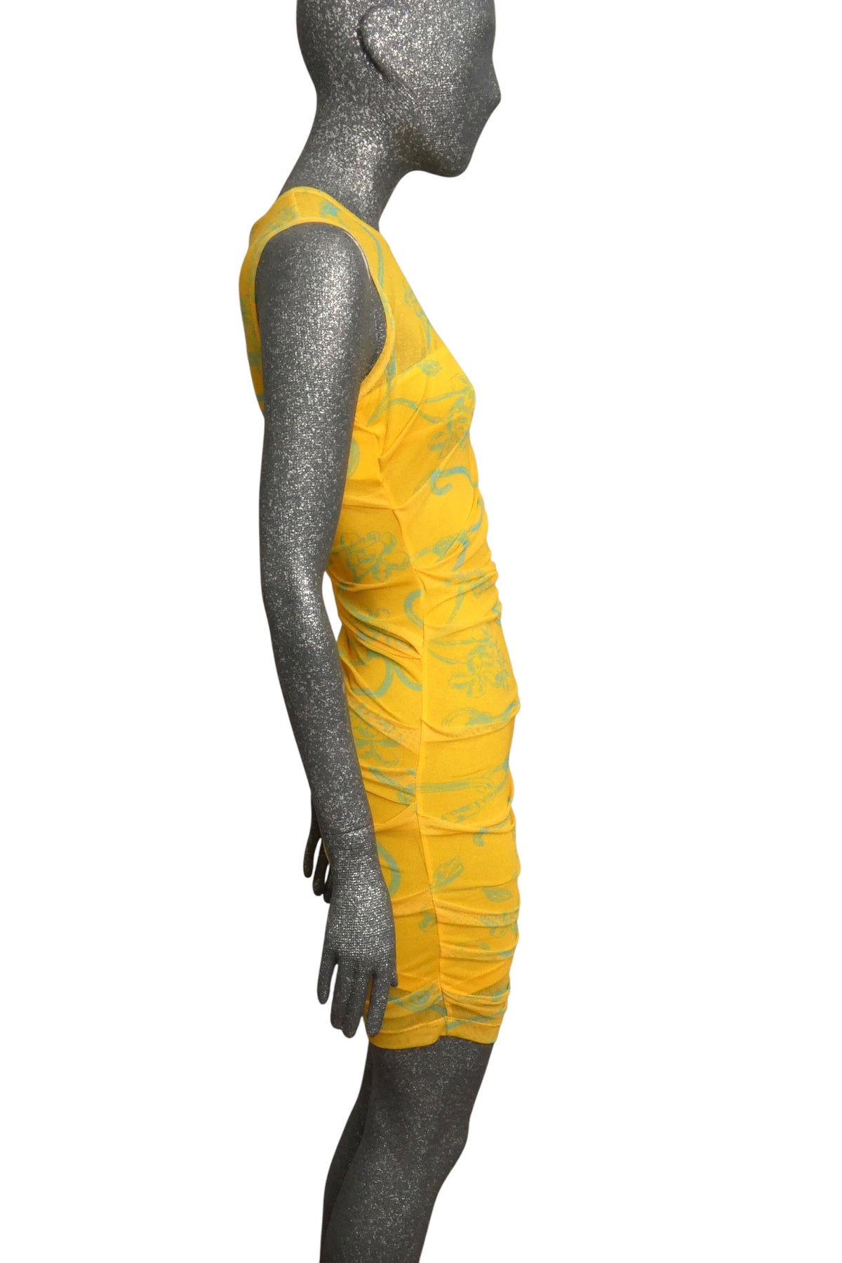 MOSCHINO JEANS - 2024 Yellow & Blue Shirred Mesh Print Dress, Size-6