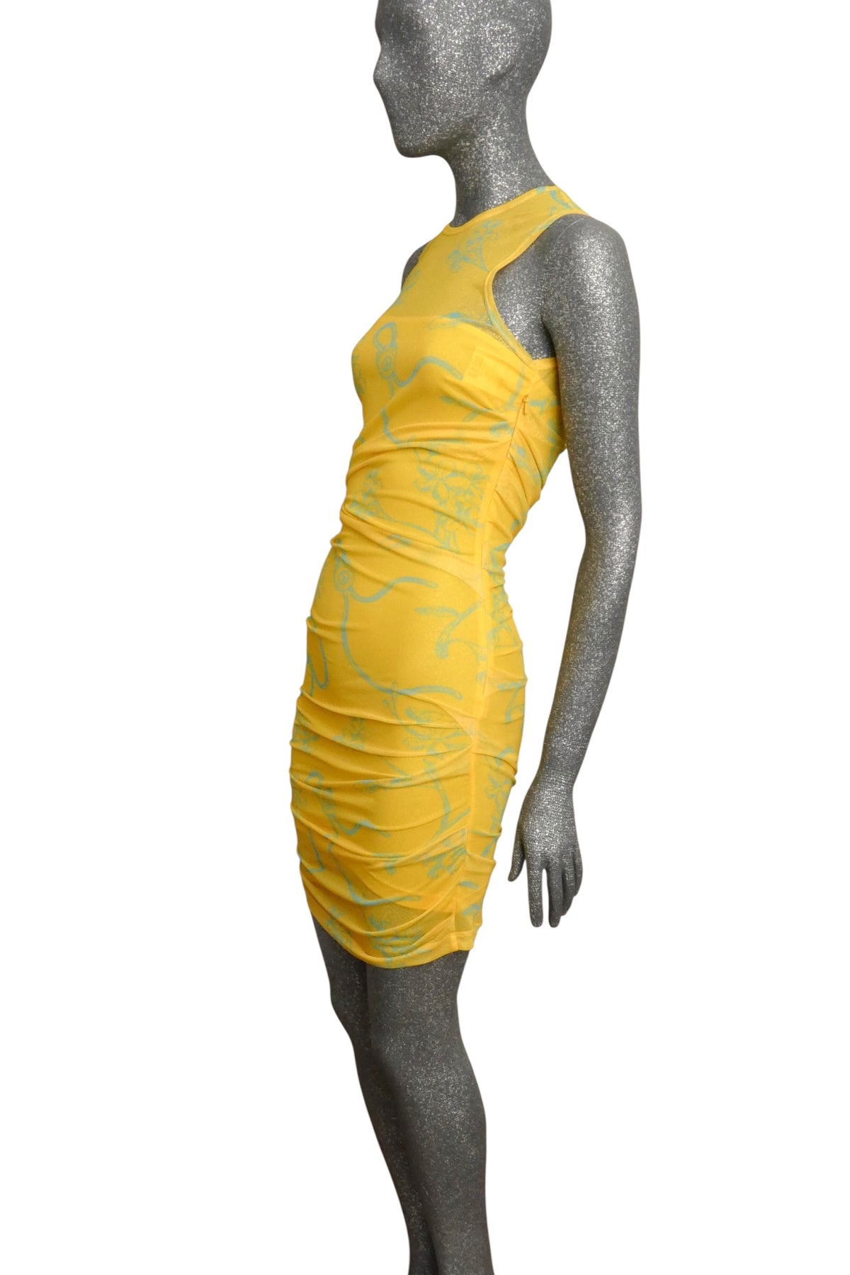 MOSCHINO JEANS - 2024 Yellow & Blue Shirred Mesh Print Dress, Size-6