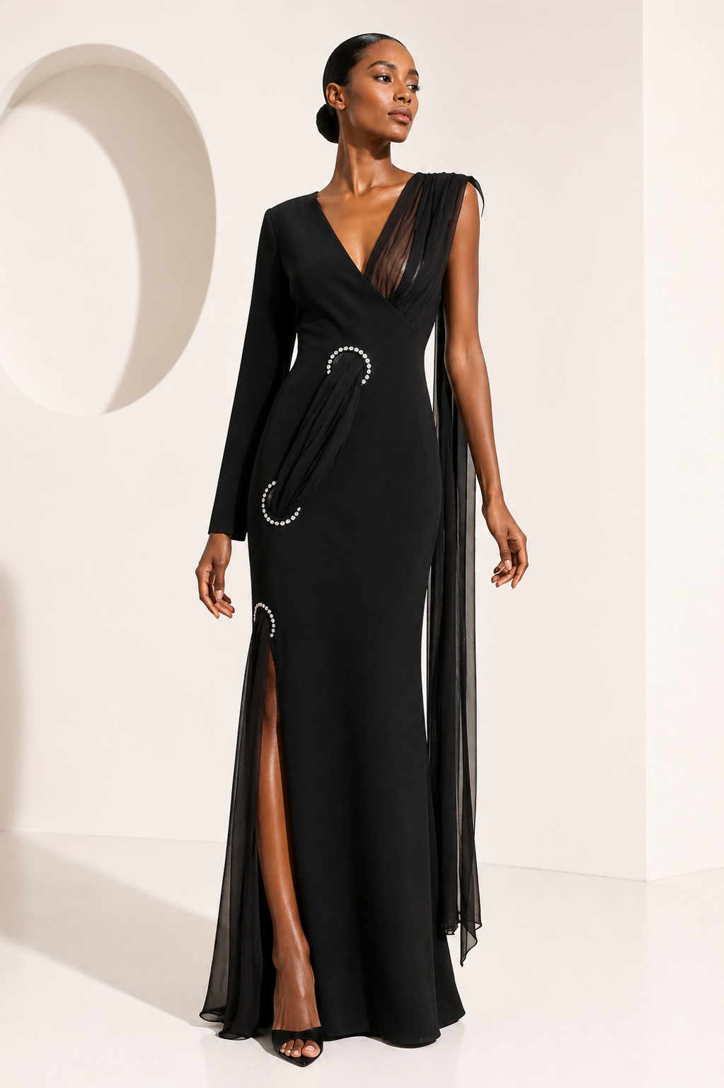 Pierre Cardin Heritage 2000s Black Crepe & Chiffon Evening Gown — digital reference image — Martini Consignment Dallas TX