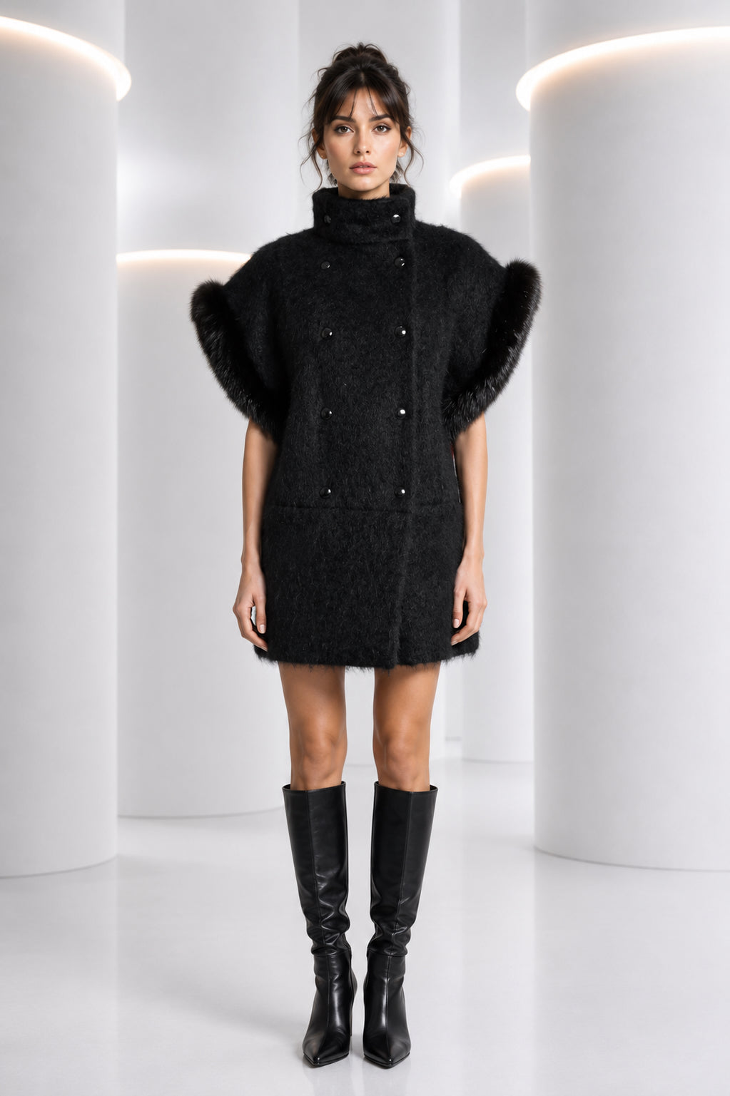 PIERRE CARDIN - 1994 Black Mohair & Fux Fur Coat, Size-8