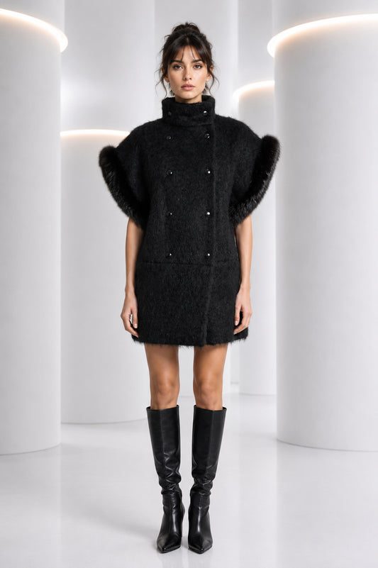 PIERRE CARDIN - 1994 Black Mohair & Fux Fur Coat, Size-8