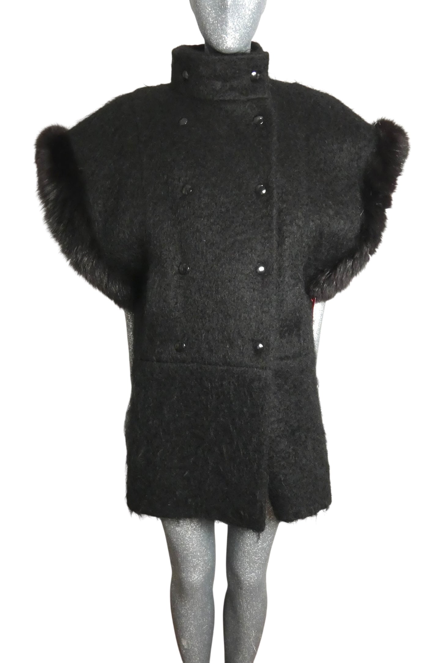 PIERRE CARDIN - 1994 Black Mohair & Fux Fur Coat, Size-8