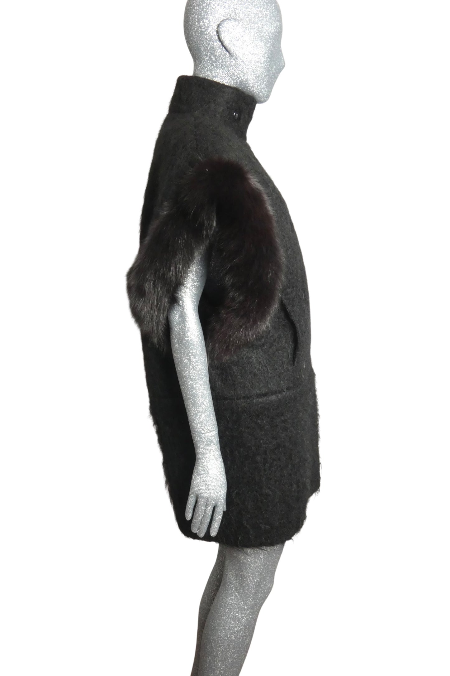 PIERRE CARDIN - 1994 Black Mohair & Fux Fur Coat, Size-8