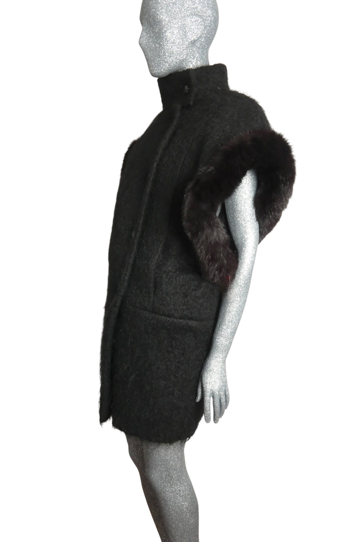 PIERRE CARDIN - 1994 Black Mohair & Fux Fur Coat, Size-8