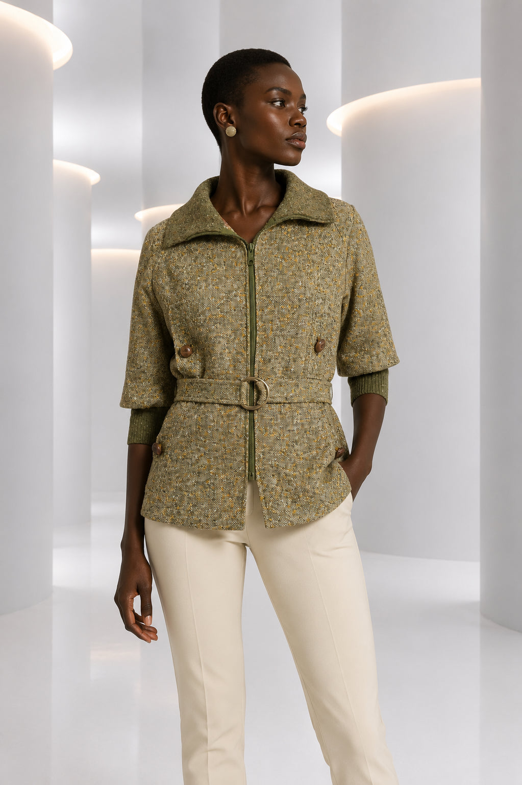 PIERRE CARDIN- 1970s Green Wool Tweed & Knit Coat, Size-6