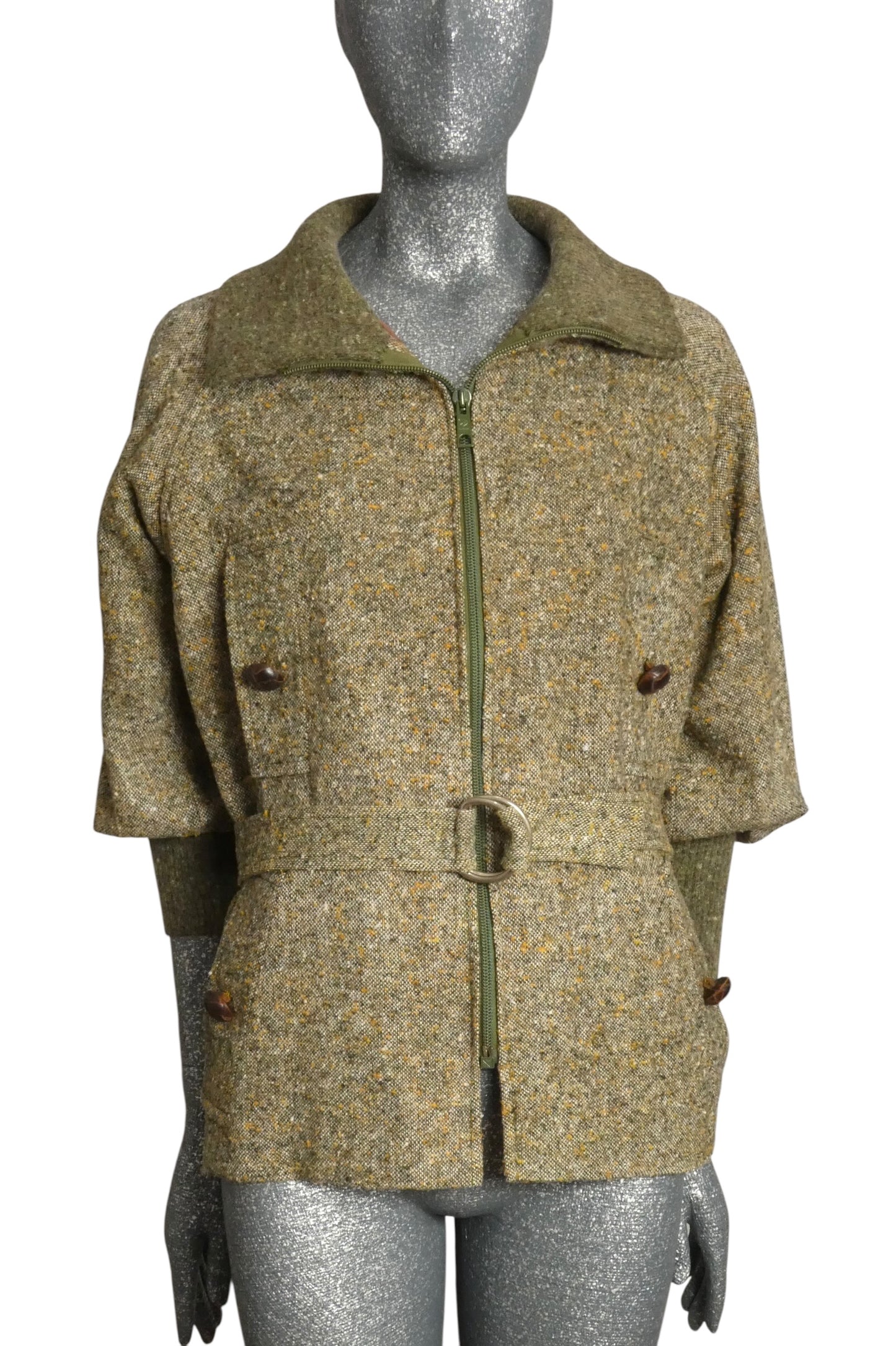PIERRE CARDIN- 1970s Green Wool Tweed & Knit Coat, Size-6