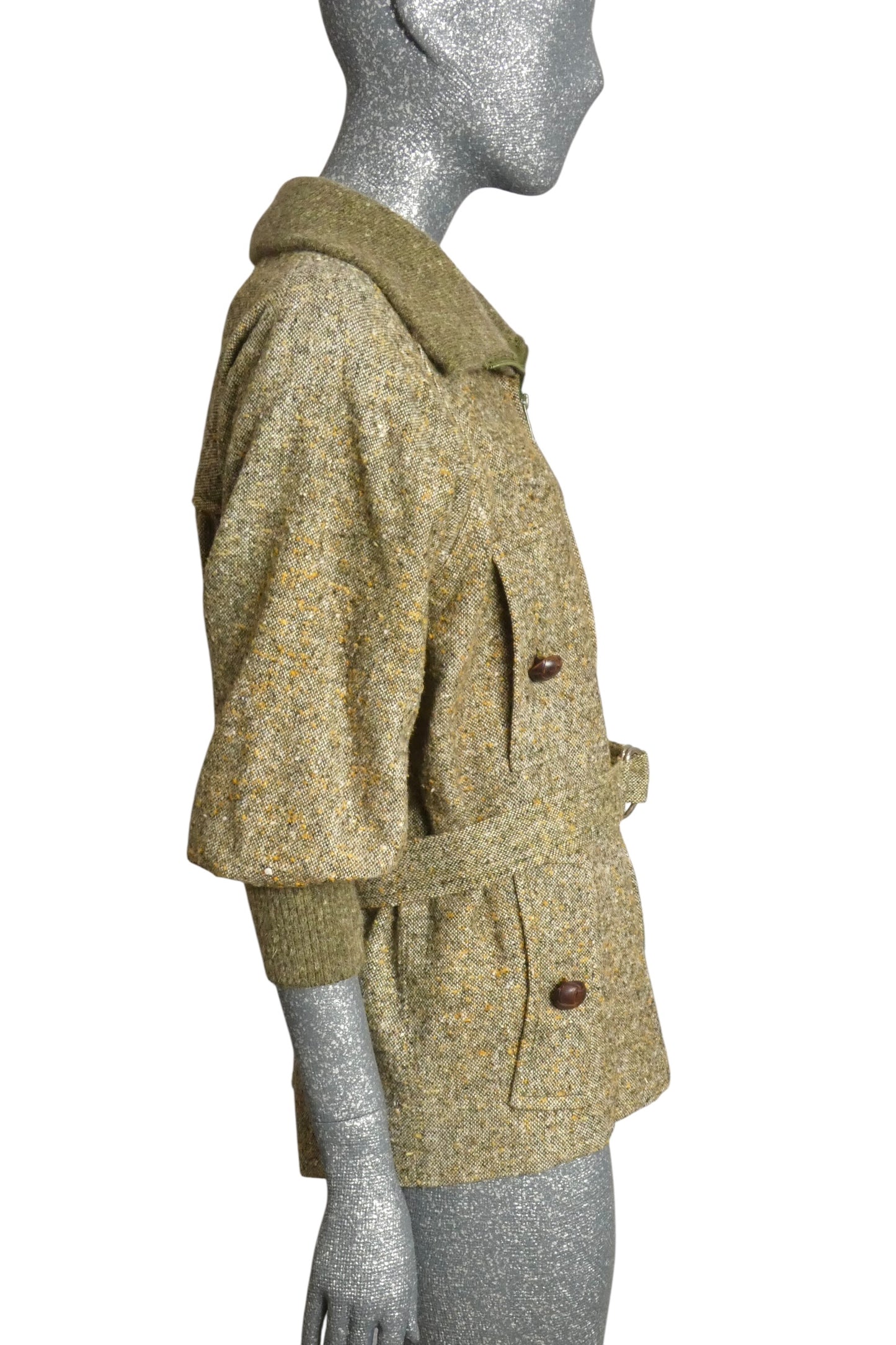 PIERRE CARDIN- 1970s Green Wool Tweed & Knit Coat, Size-6