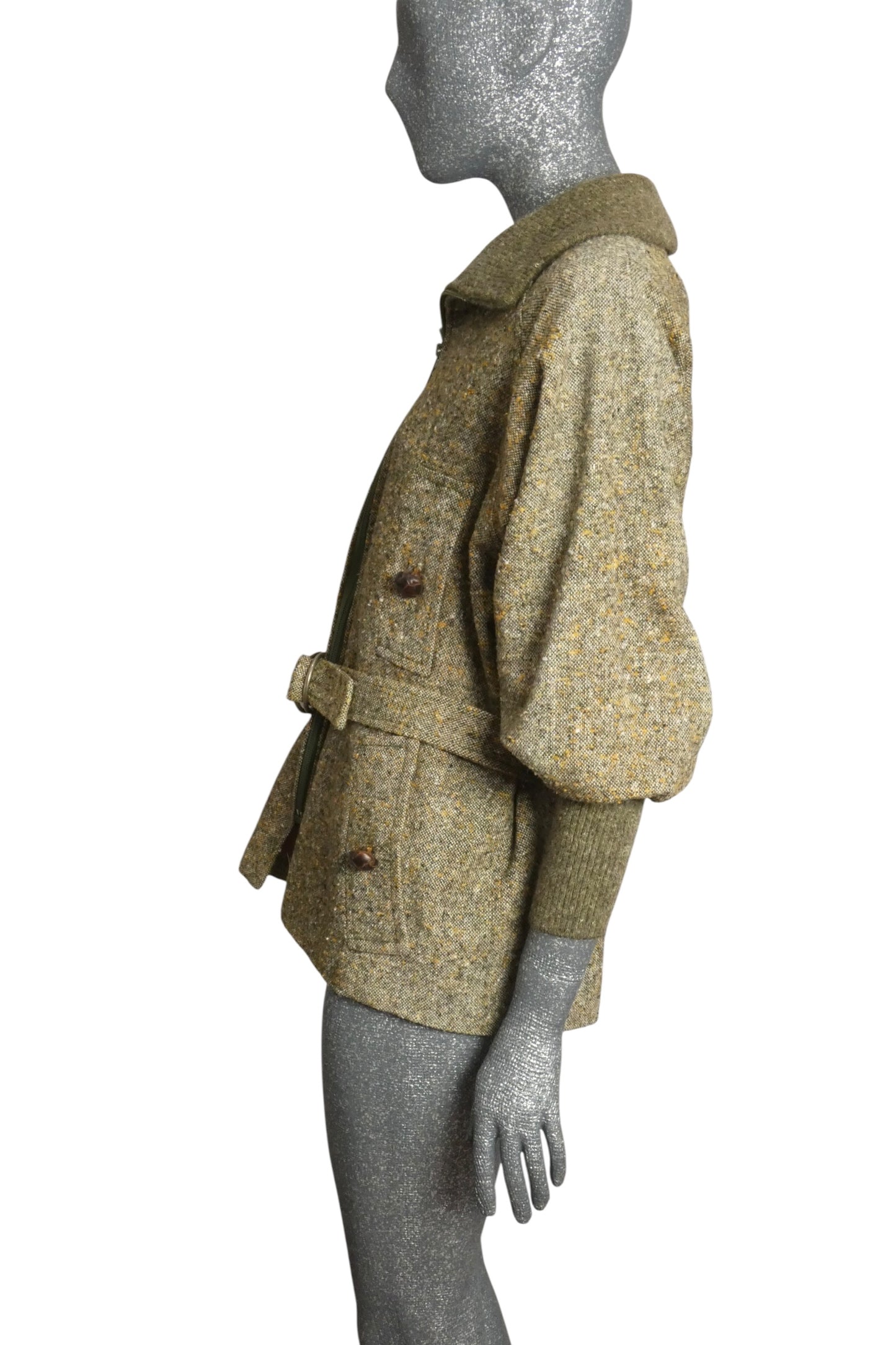 PIERRE CARDIN- 1970s Green Wool Tweed & Knit Coat, Size-6
