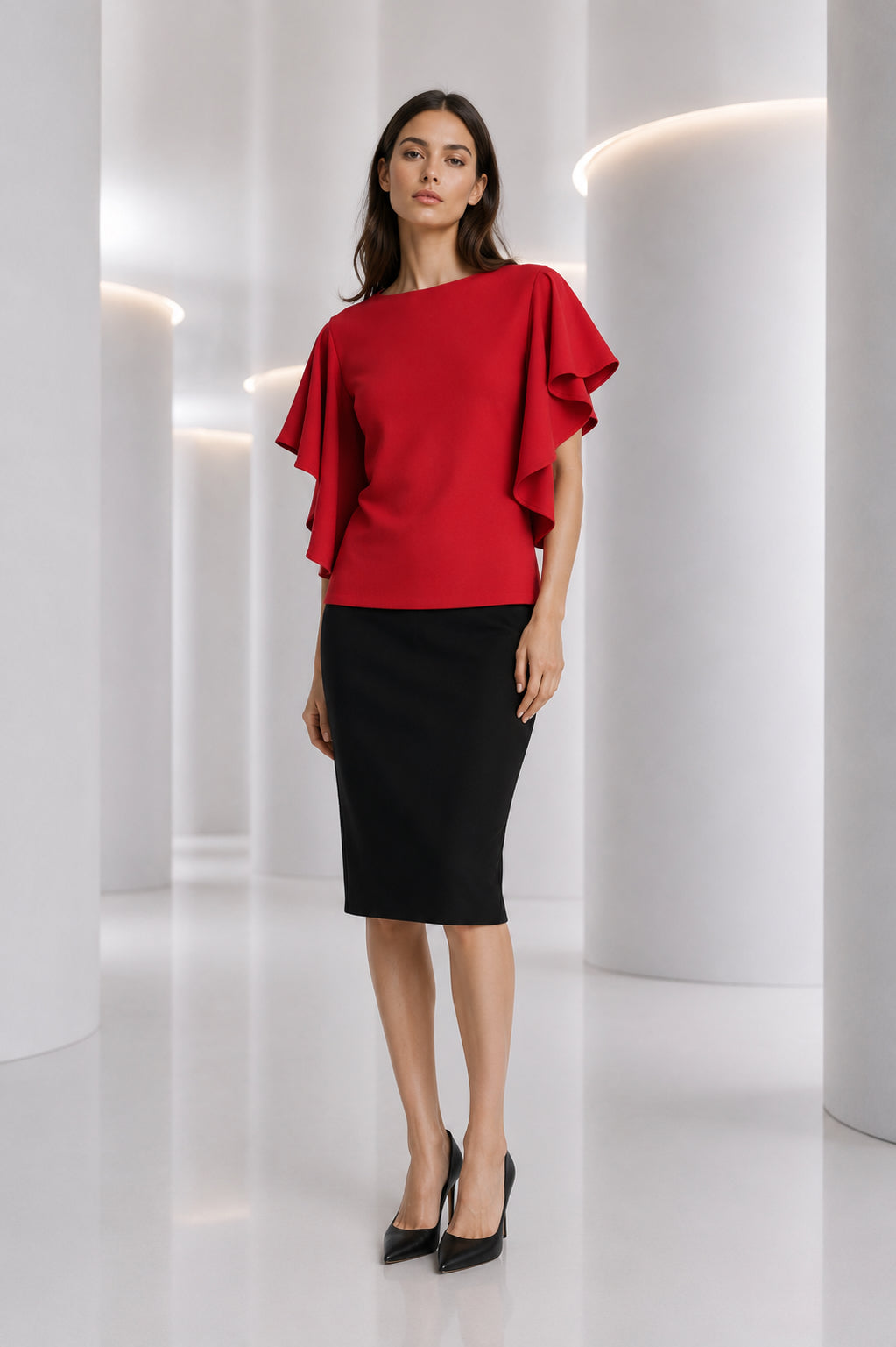 PIERRE CARDIN HERITAGE - 1985 Brick Red Ruffle Crepe Blouse, Size-2