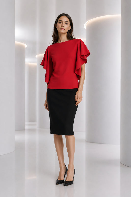 PIERRE CARDIN HERITAGE - 1985 Brick Red Ruffle Crepe Blouse, Size-2