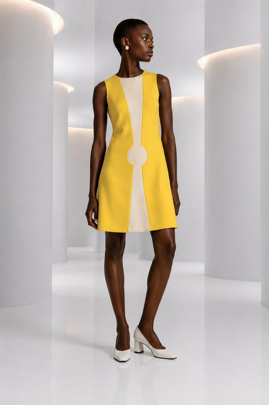 PIERRE CARDIN HERITAGE - 2003 Yellow & Ivory Wool Knit Shift Dress, Size-6