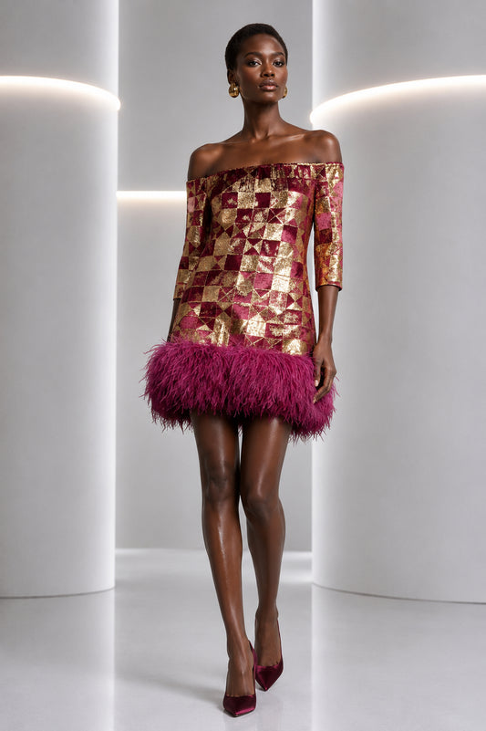 PIERRE CARDIN - 2009 Velvet & Feather Cocktail Dress, Size-6