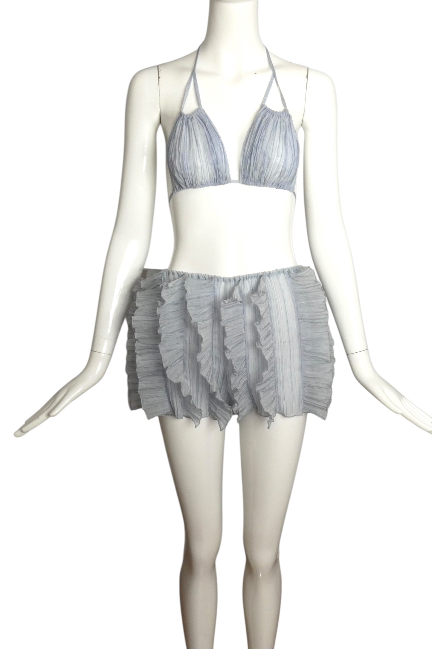 PIERRE CARDIN - 2000 Blue Plissé Pleat Shorts and Bra Set, Size-4