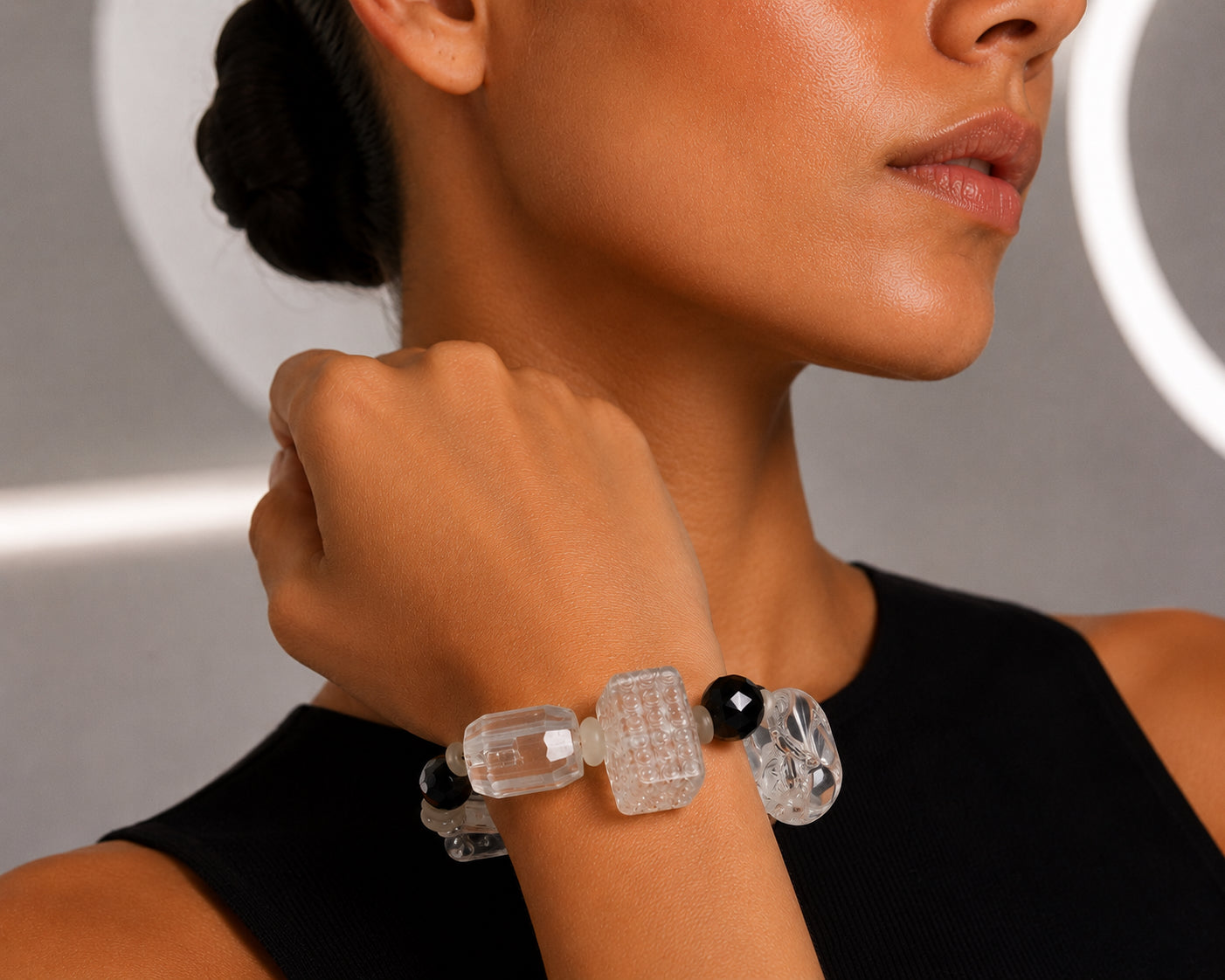 PIERRE CARDIN - 1988 Clear & Black Acrylic Bead Bracelet