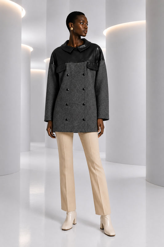PIERRE CARDIN- 1982 Black Leather & Grey Wool Coat, Size-10