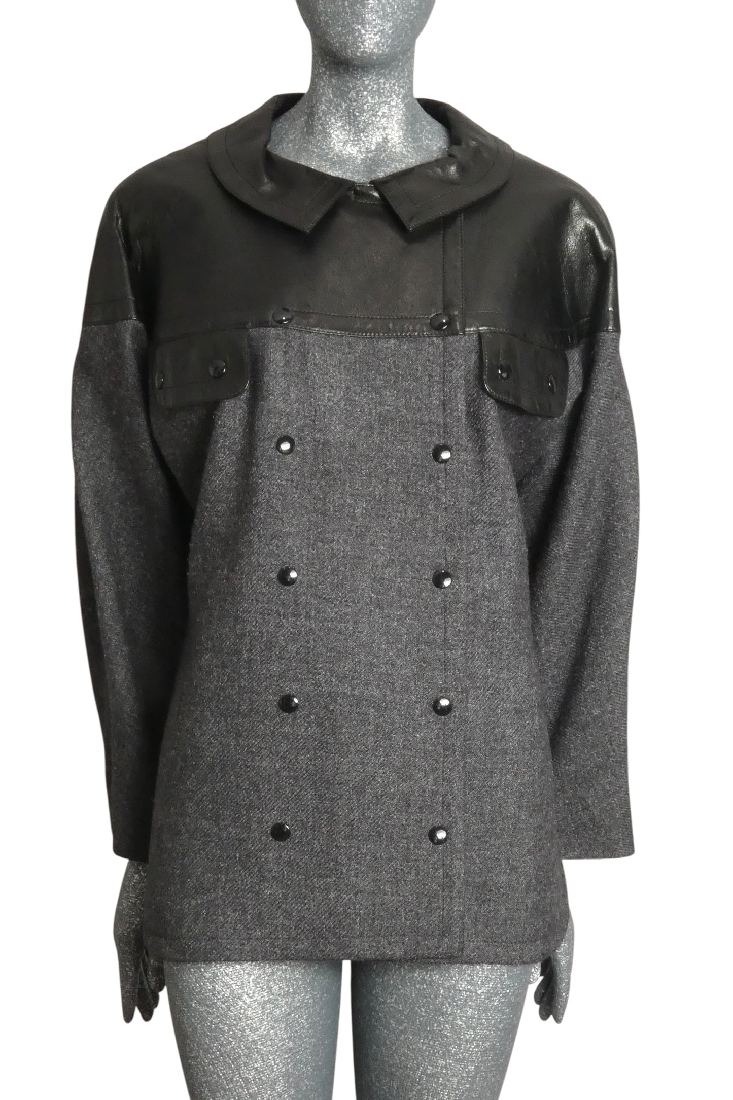 PIERRE CARDIN- 1982 Black Leather & Grey Wool Coat, Size-10