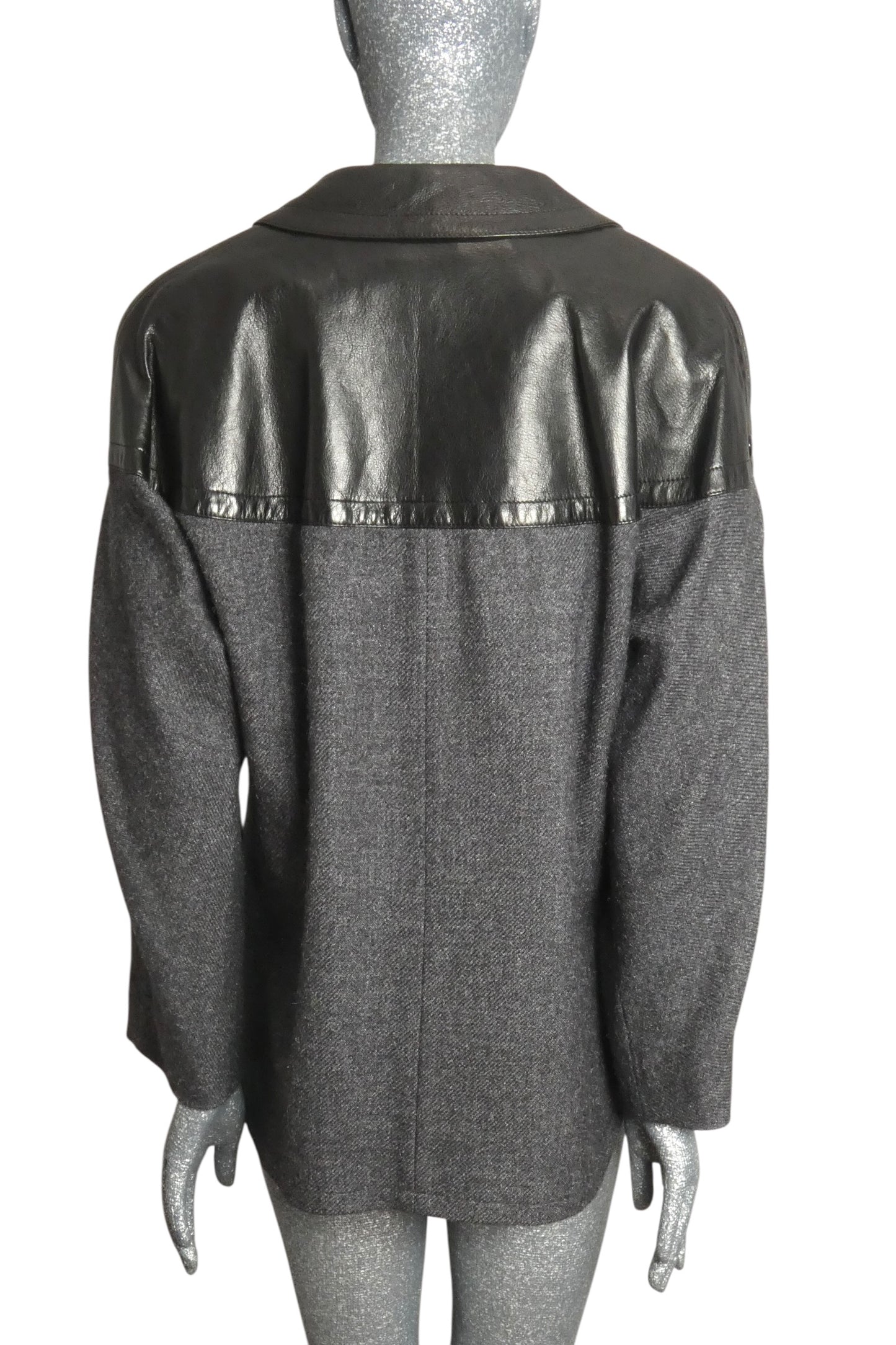 PIERRE CARDIN- 1982 Black Leather & Grey Wool Coat, Size-10