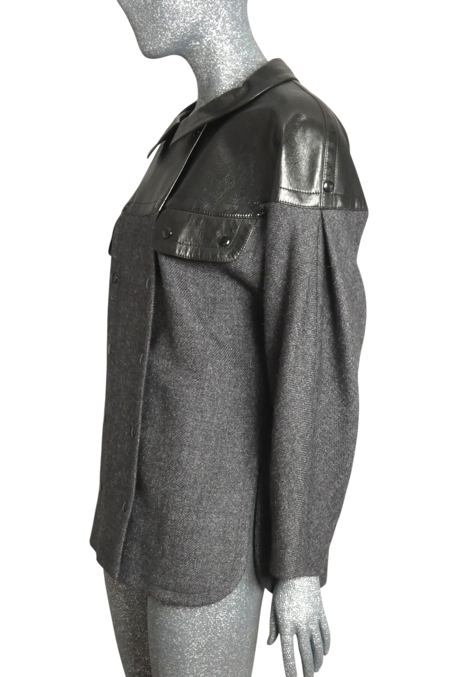 PIERRE CARDIN- 1982 Black Leather & Grey Wool Coat, Size-10