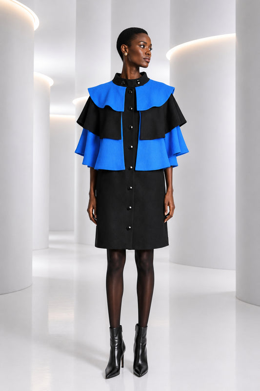 PIERRE CARDIN - 2008 Black & Blue Wool Cape Coat, Size-10