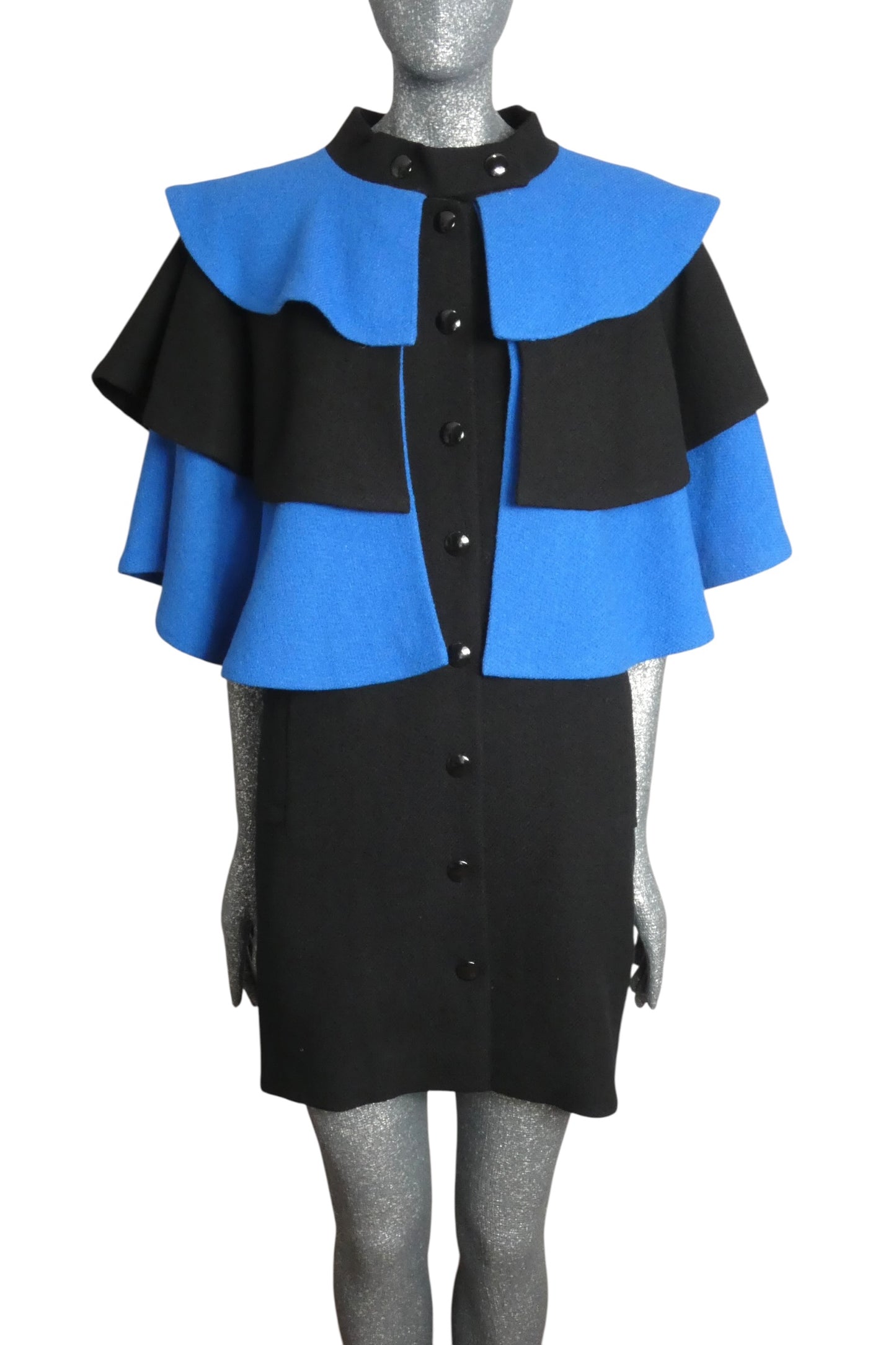 PIERRE CARDIN - 2008 Black & Blue Wool Cape Coat, Size-10