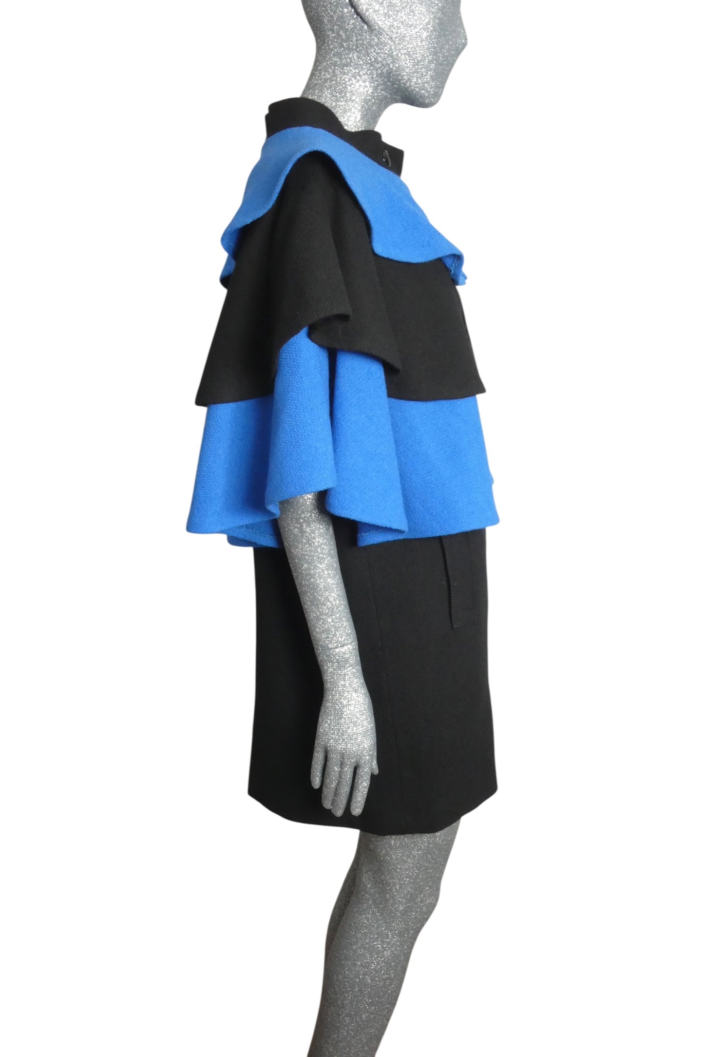 PIERRE CARDIN - 2008 Black & Blue Wool Cape Coat, Size-10