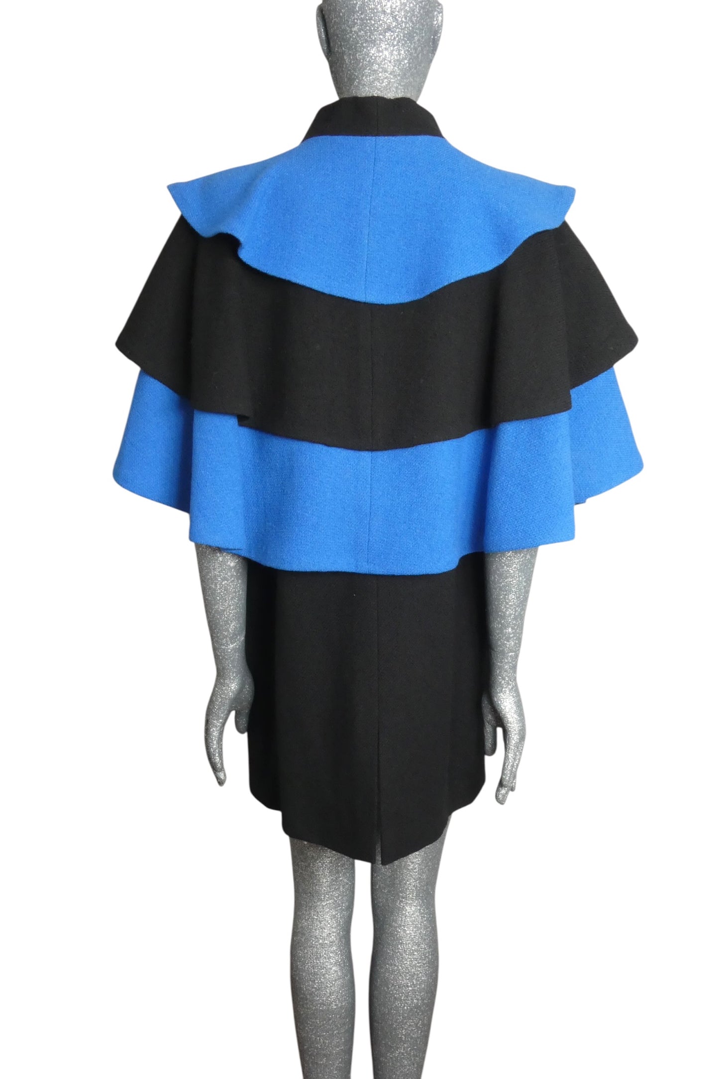 PIERRE CARDIN - 2008 Black & Blue Wool Cape Coat, Size-10