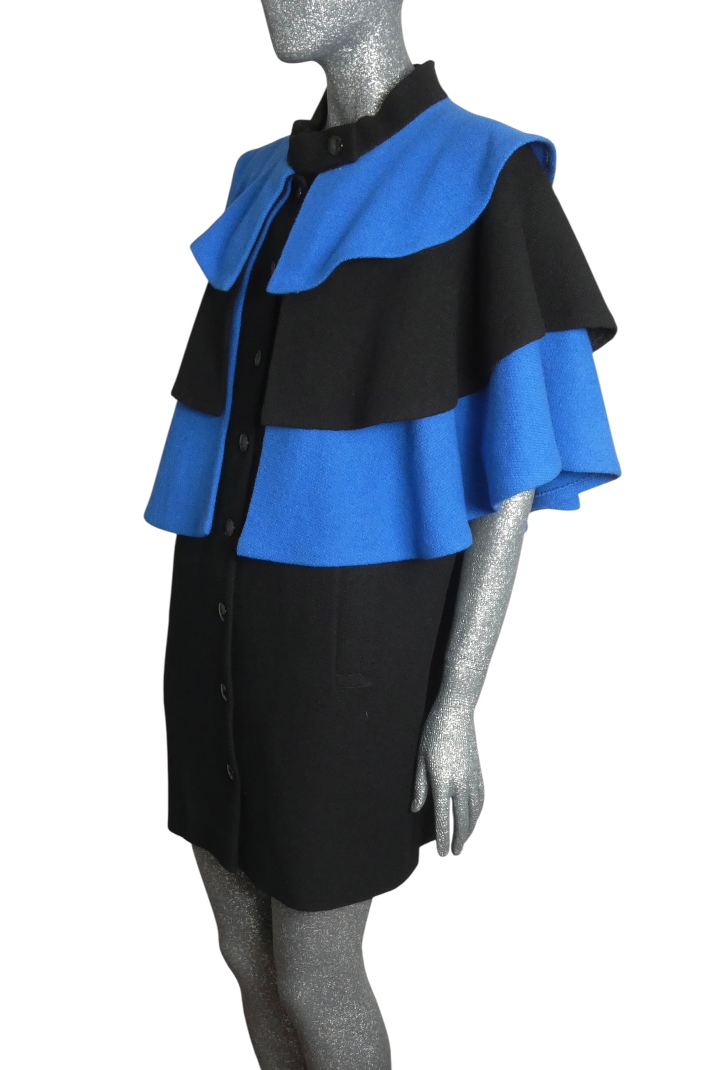PIERRE CARDIN - 2008 Black & Blue Wool Cape Coat, Size-10
