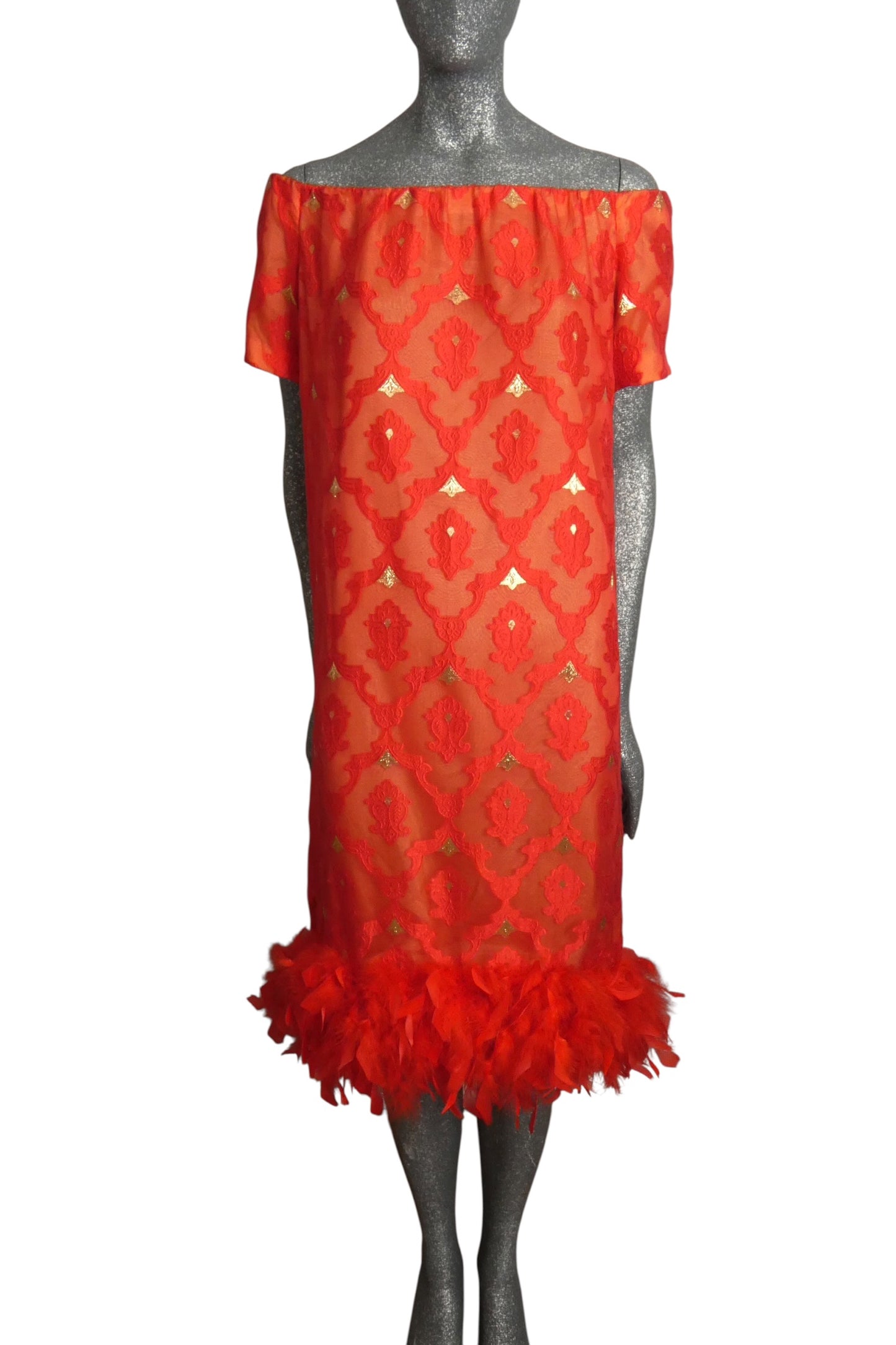 PIERRE CARDIN - 2002 Chiffon Brocade & Feather Dress, Size-8