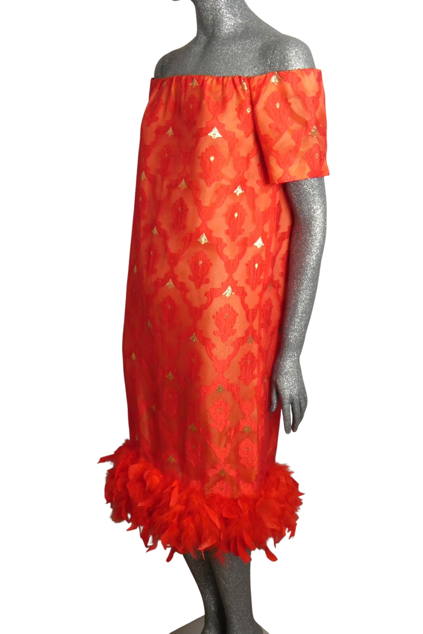 PIERRE CARDIN - 2002 Chiffon Brocade & Feather Dress, Size-8