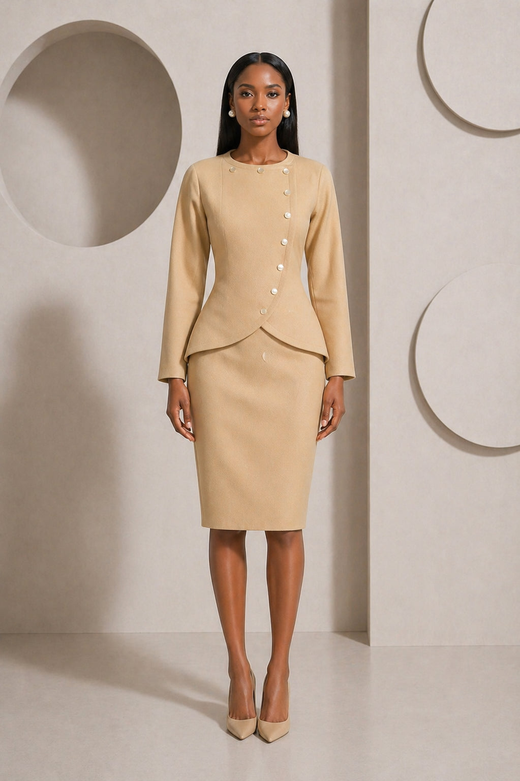 PIERRE CARDIN - 1998 Ivory Wool Skirt Suit, Size-6