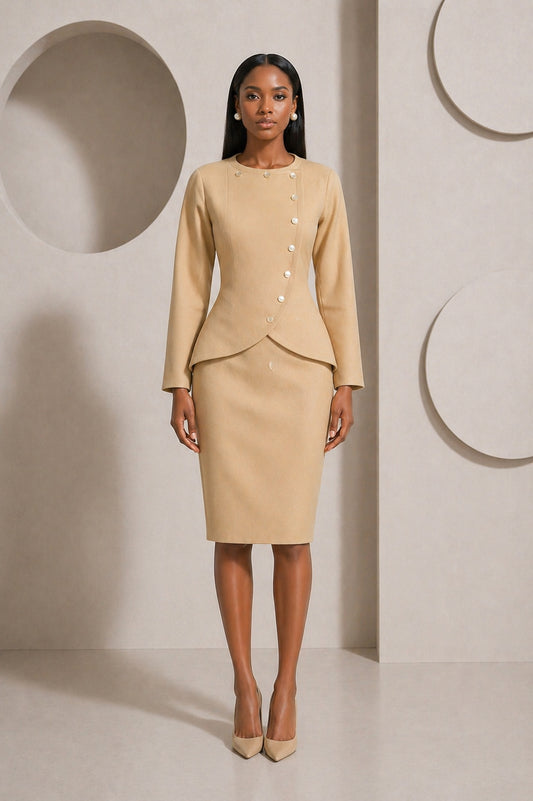 PIERRE CARDIN - 1998 Ivory Wool Skirt Suit, Size-6