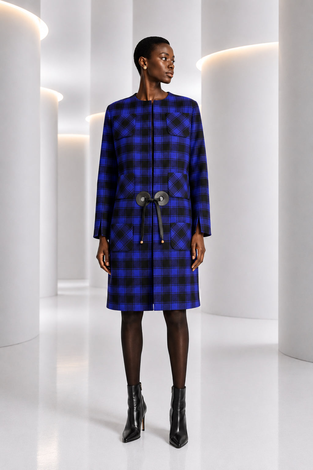 PIERRE CARDIN HAUTE COUTURE- 1980s Black & Blue Wool Check Coat, Size-8