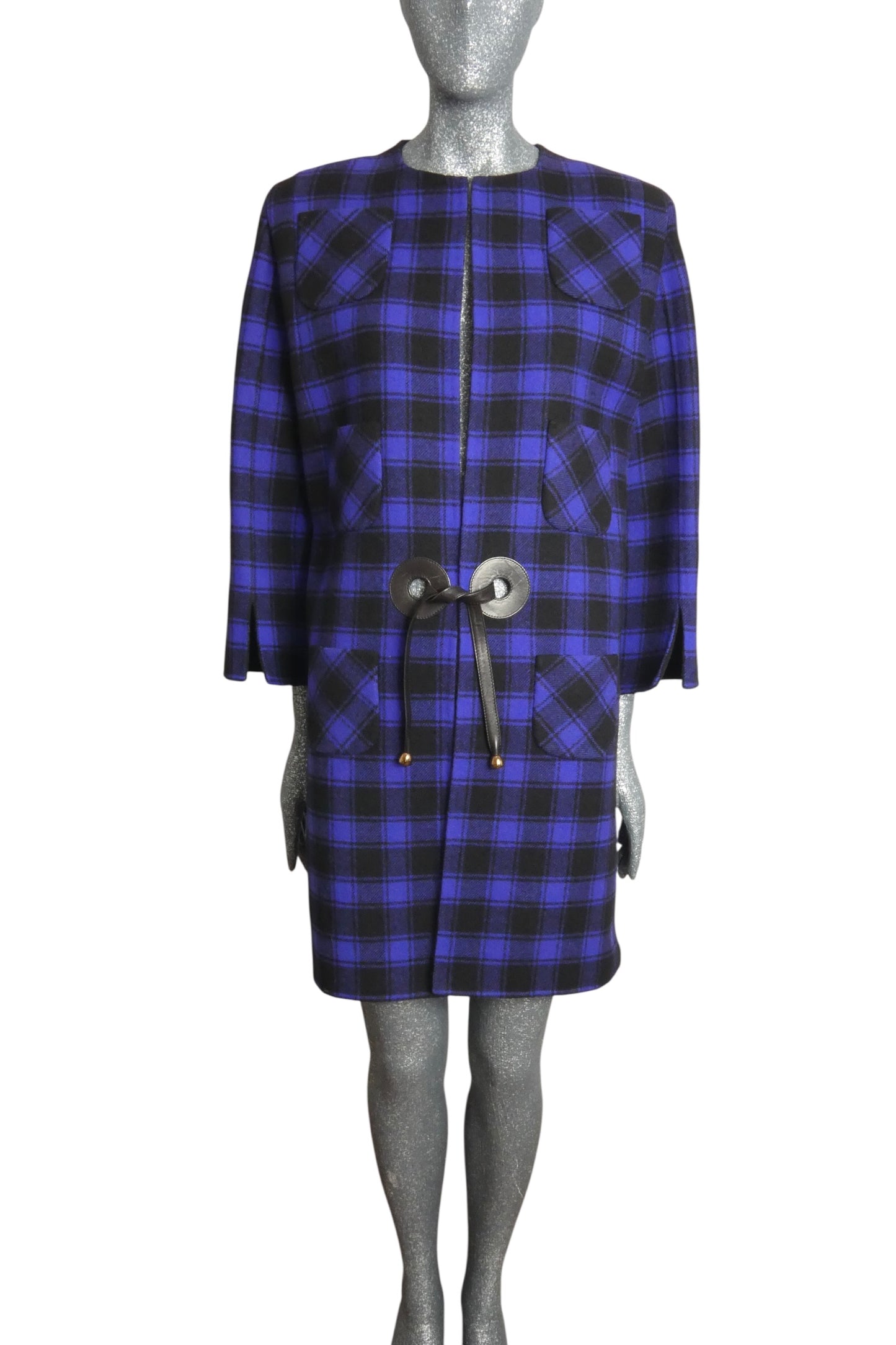 PIERRE CARDIN HAUTE COUTURE- 1980s Black & Blue Wool Check Coat, Size-8