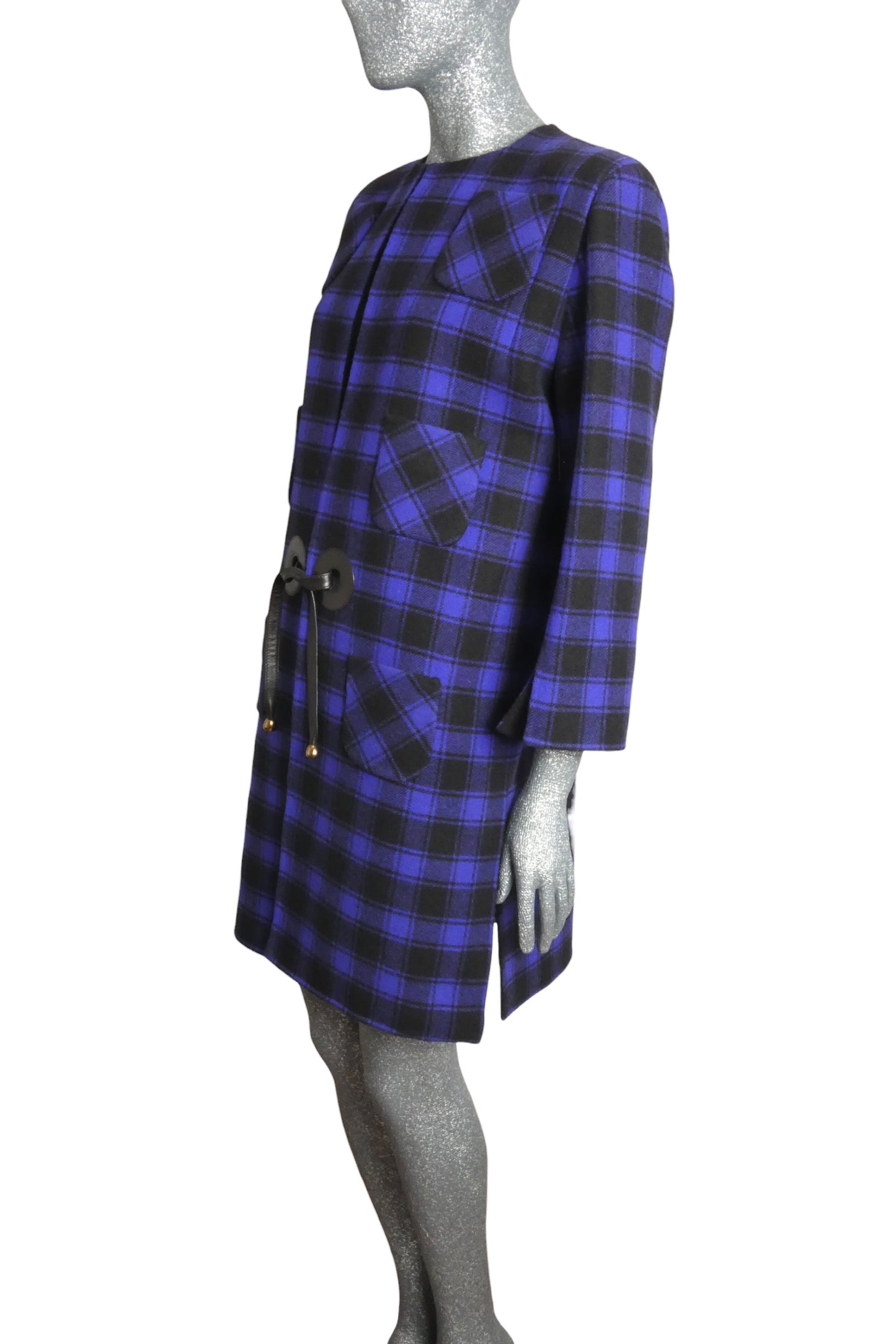 PIERRE CARDIN HAUTE COUTURE- 1980s Black & Blue Wool Check Coat, Size-8