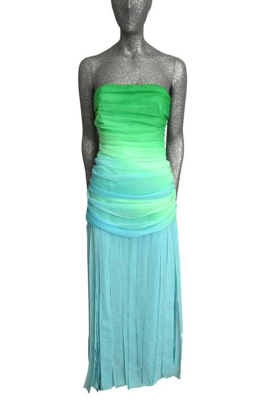 1980s Green & Blue Ombre Chiffon Evening Dress, Size-8