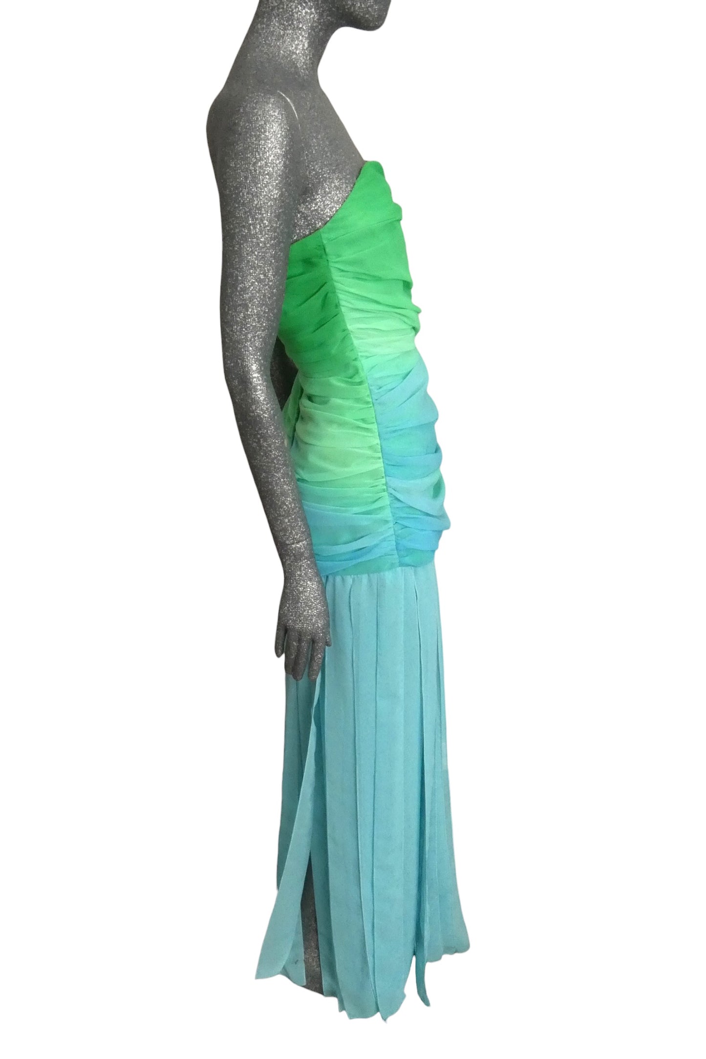 1980s Green & Blue Ombre Chiffon Evening Dress, Size-8