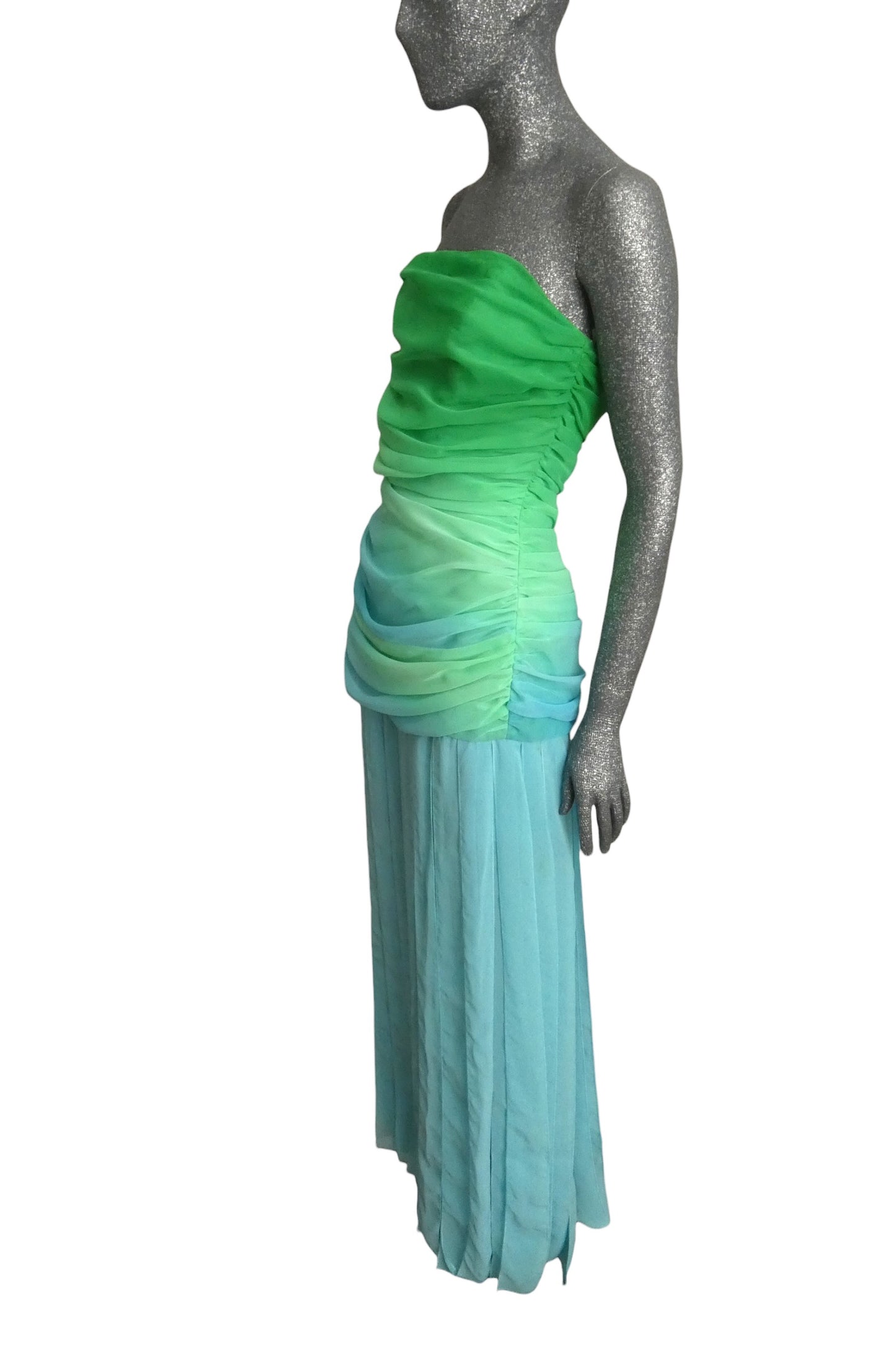 1980s Green & Blue Ombre Chiffon Evening Dress, Size-8