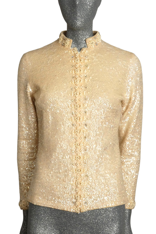 VALENTINA - 1960s Ivory Aurora Borealis Sequin Cardigan Sweater, Size-8