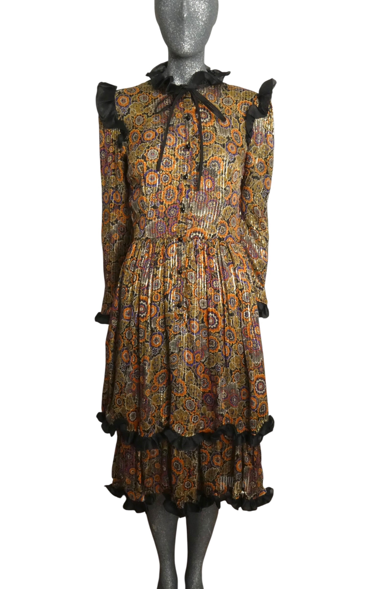 VALENTINO BOUTIQUE - 1981 Floral Silk Ruffle Dress, Size-6