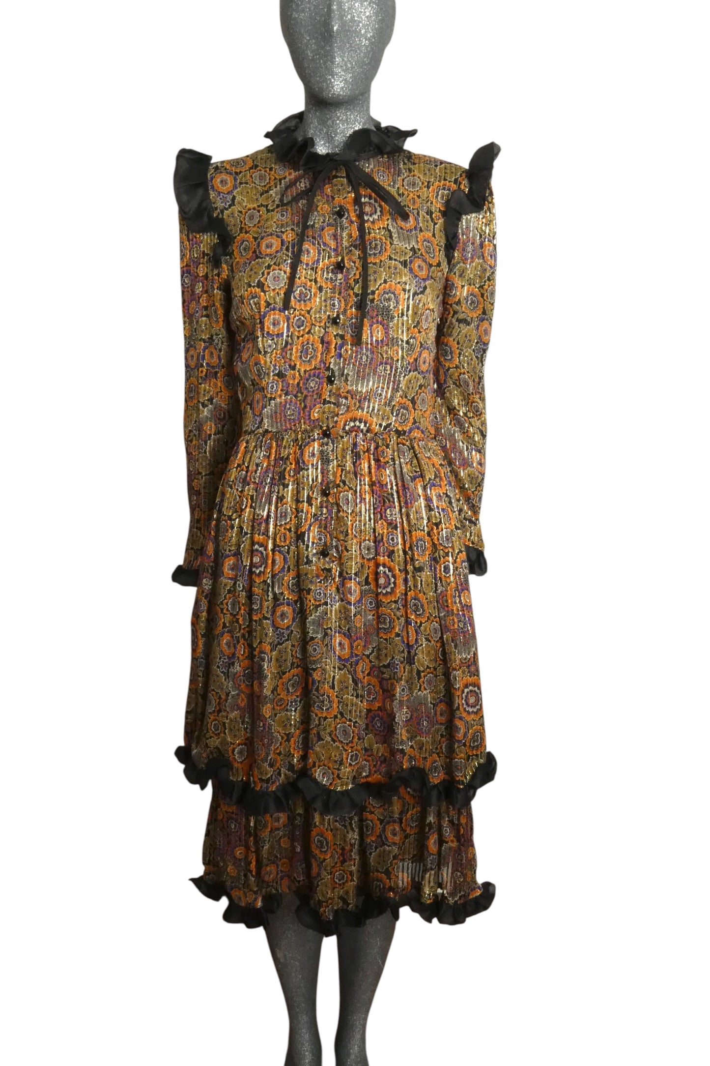 VALENTINO BOUTIQUE - 1981 Floral Silk Ruffle Dress, Size-6