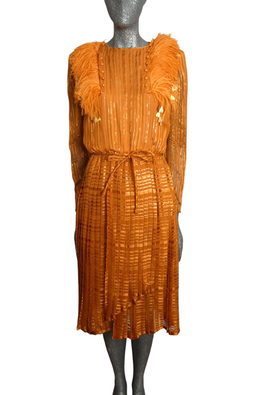 VALENTINO BOUTIQUE - 1980s Orange Silk Stripe & Feather Dress, Size4