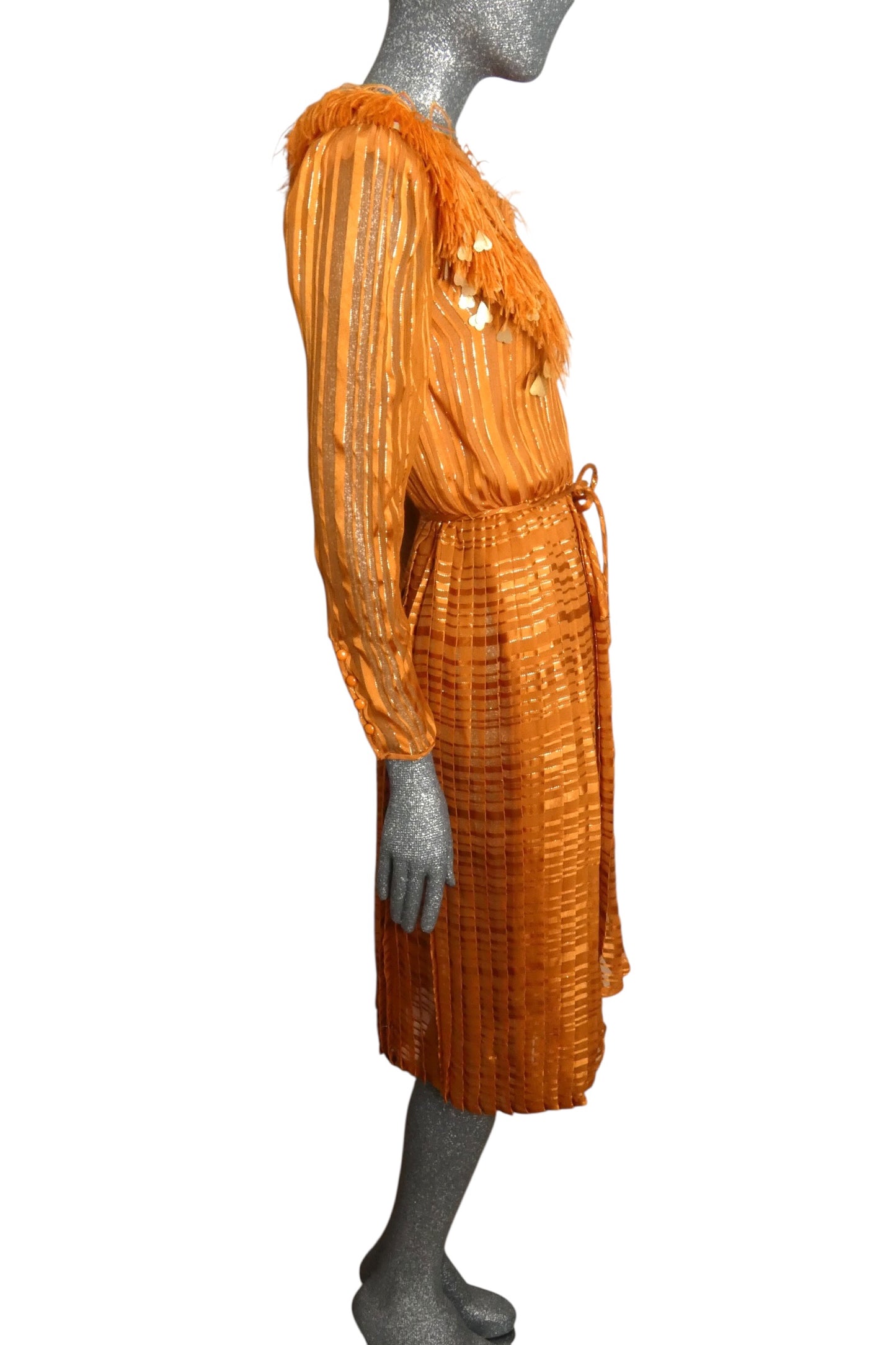 VALENTINO BOUTIQUE - 1980s Orange Silk Stripe & Feather Dress, Size4