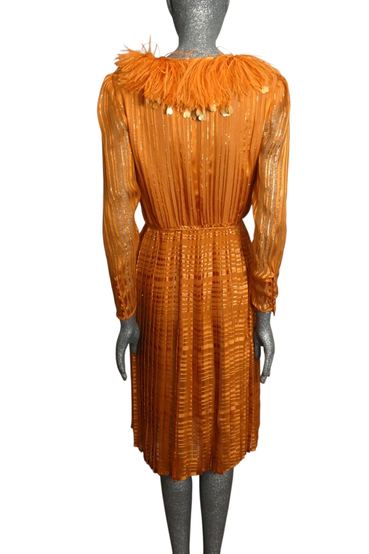 VALENTINO BOUTIQUE - 1980s Orange Silk Stripe & Feather Dress, Size4