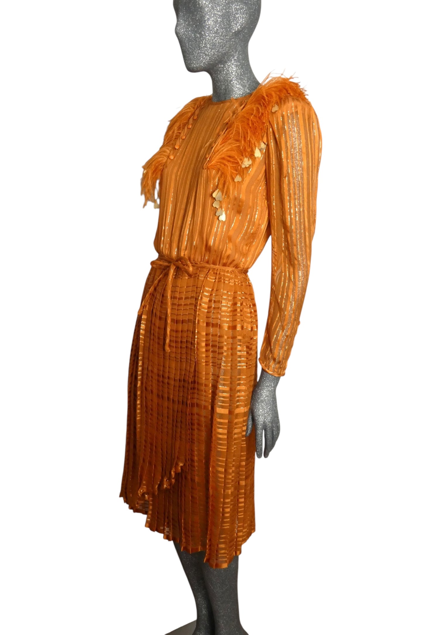 VALENTINO BOUTIQUE - 1980s Orange Silk Stripe & Feather Dress, Size4