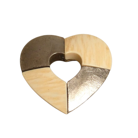 YVES SAINT LAURENT - 1980s Silver Tone Metal & Resin Heart Brooch