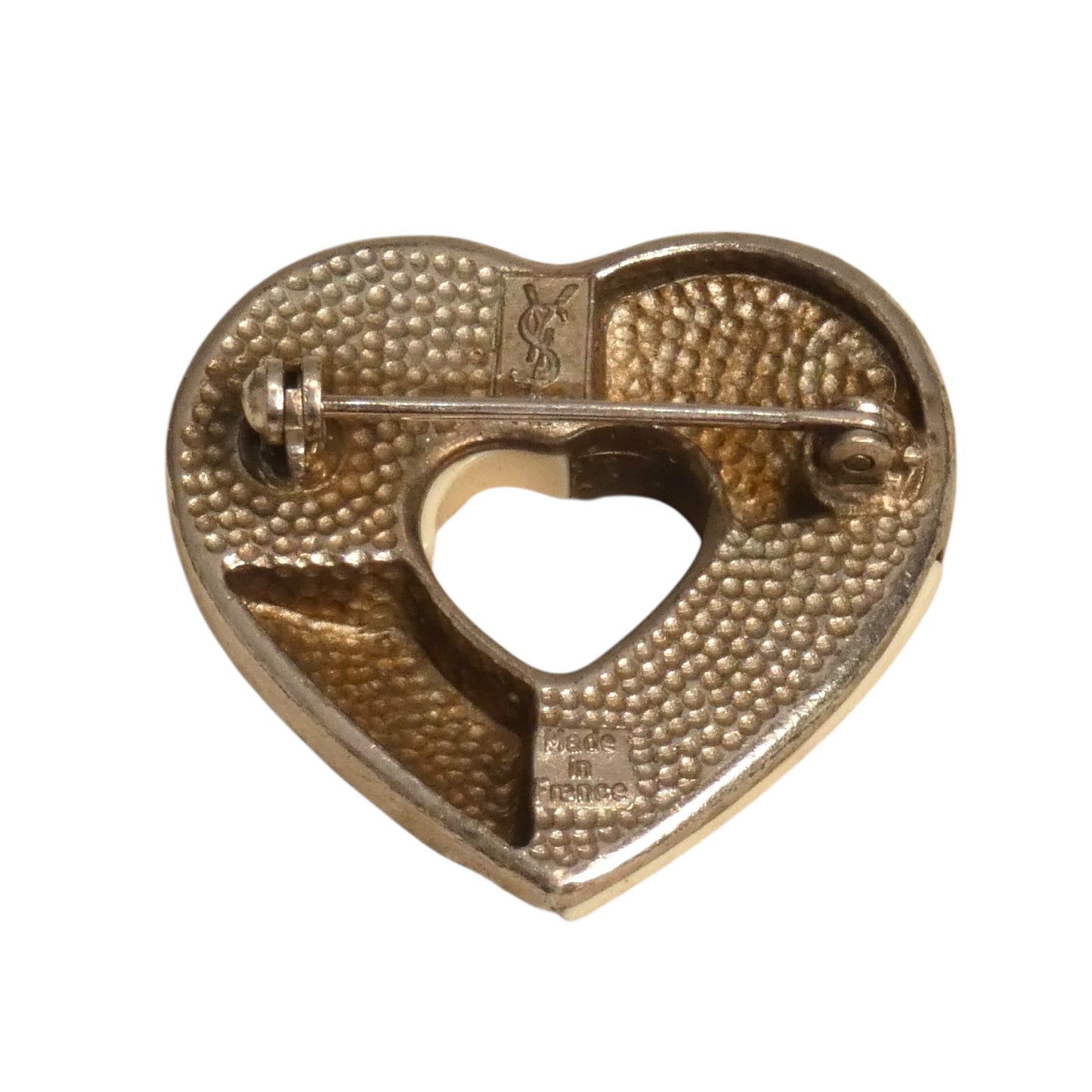 YVES SAINT LAURENT - 1980s Silver Tone Metal & Resin Heart Brooch